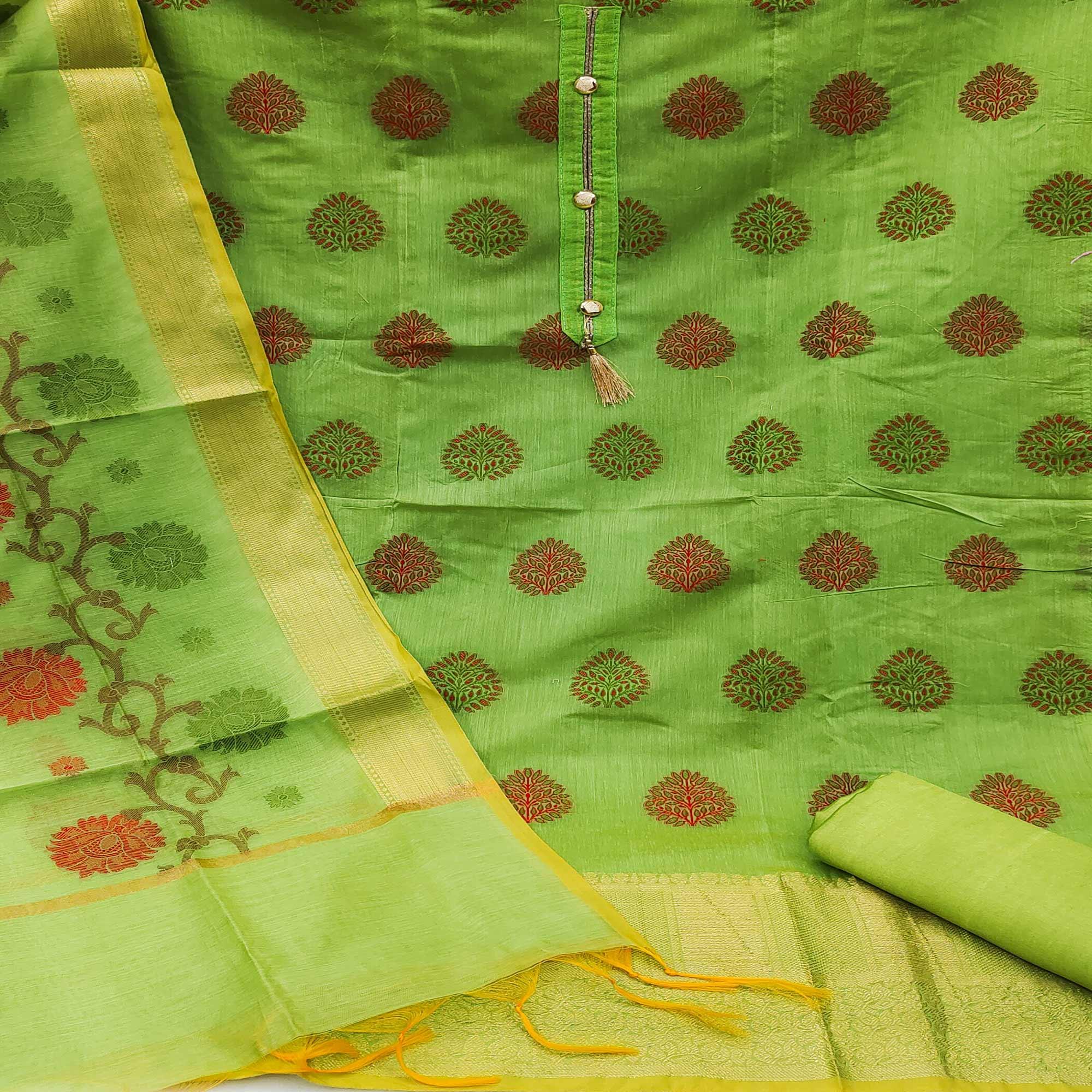 Green Festive Wear Woven Banarasi Jacquard Dress Material - Peachmode