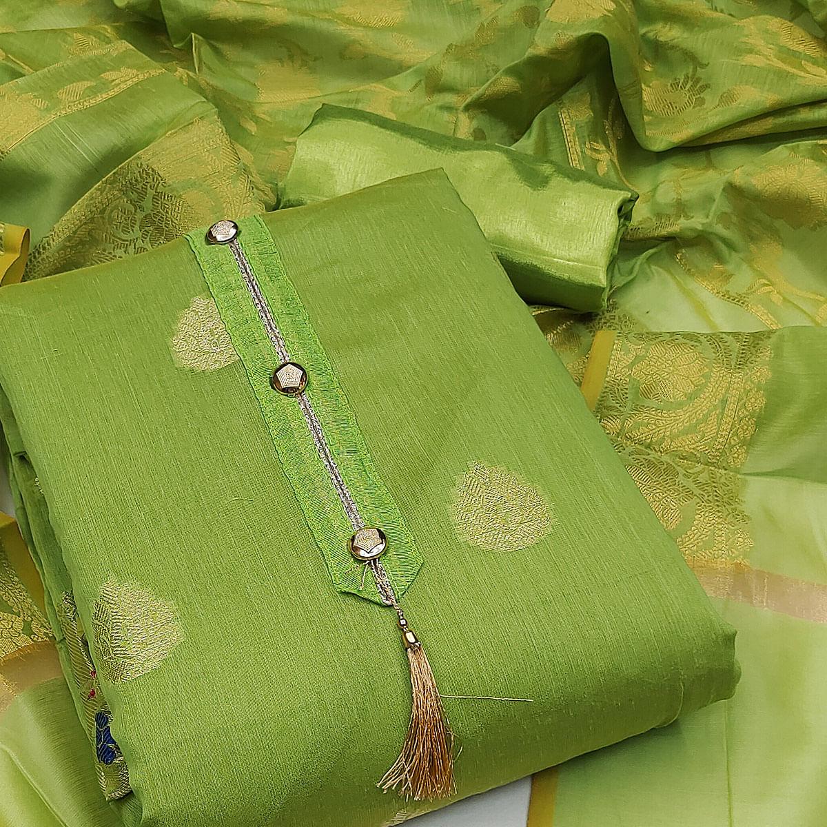Green Festive Wear Woven Banarasi Jacquard Dress Material - Peachmode