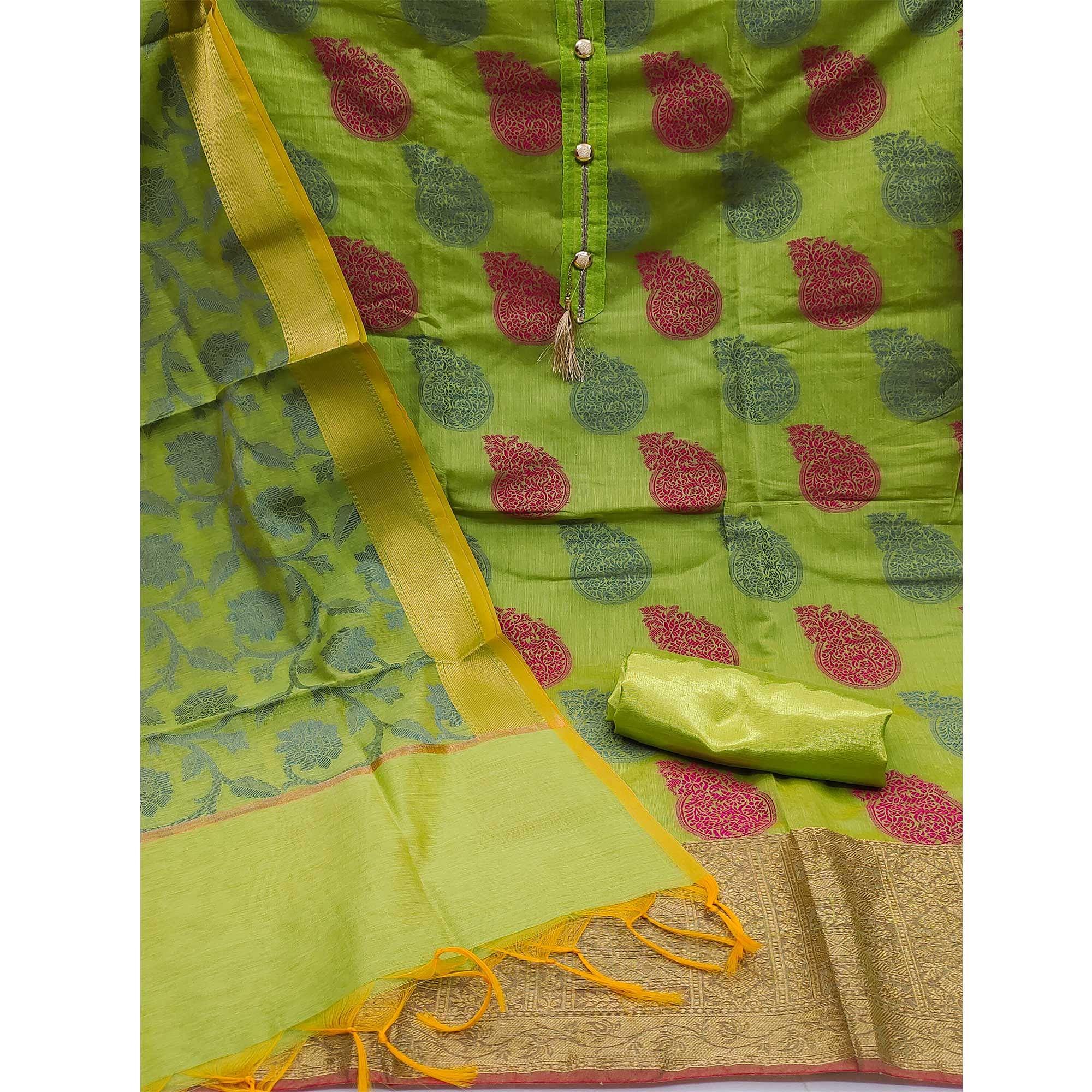 Green Festive Wear Woven Banarasi Jacquard Dress Material - Peachmode