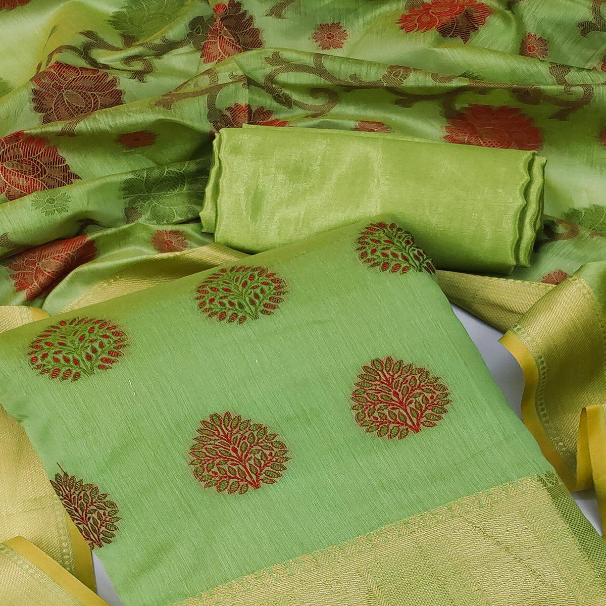 Green Festive Wear Woven Banarasi Jacquard Dress Material - Peachmode