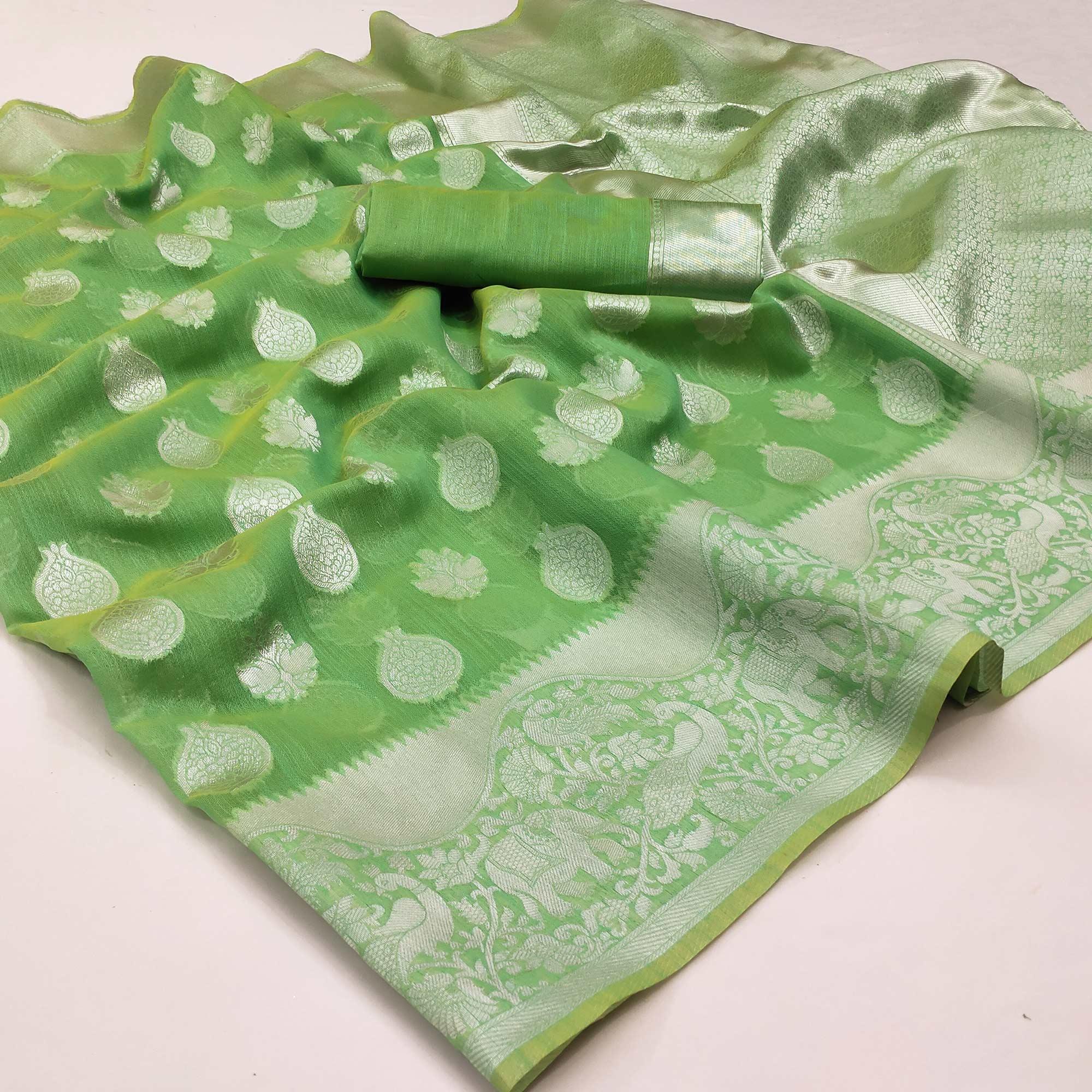 Green Festive Wear Woven Banarasi Saree - Peachmode