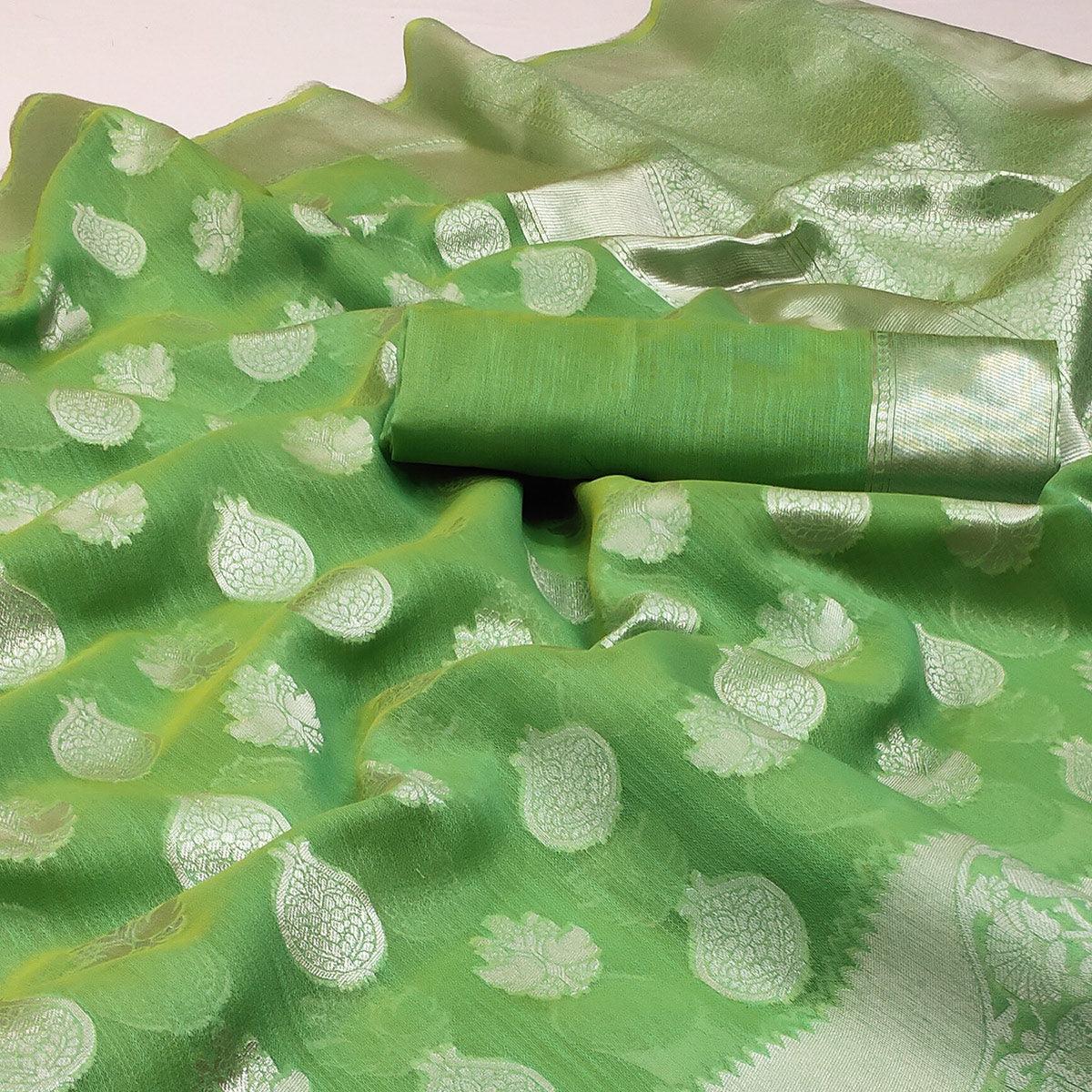 Green Festive Wear Woven Banarasi Saree - Peachmode