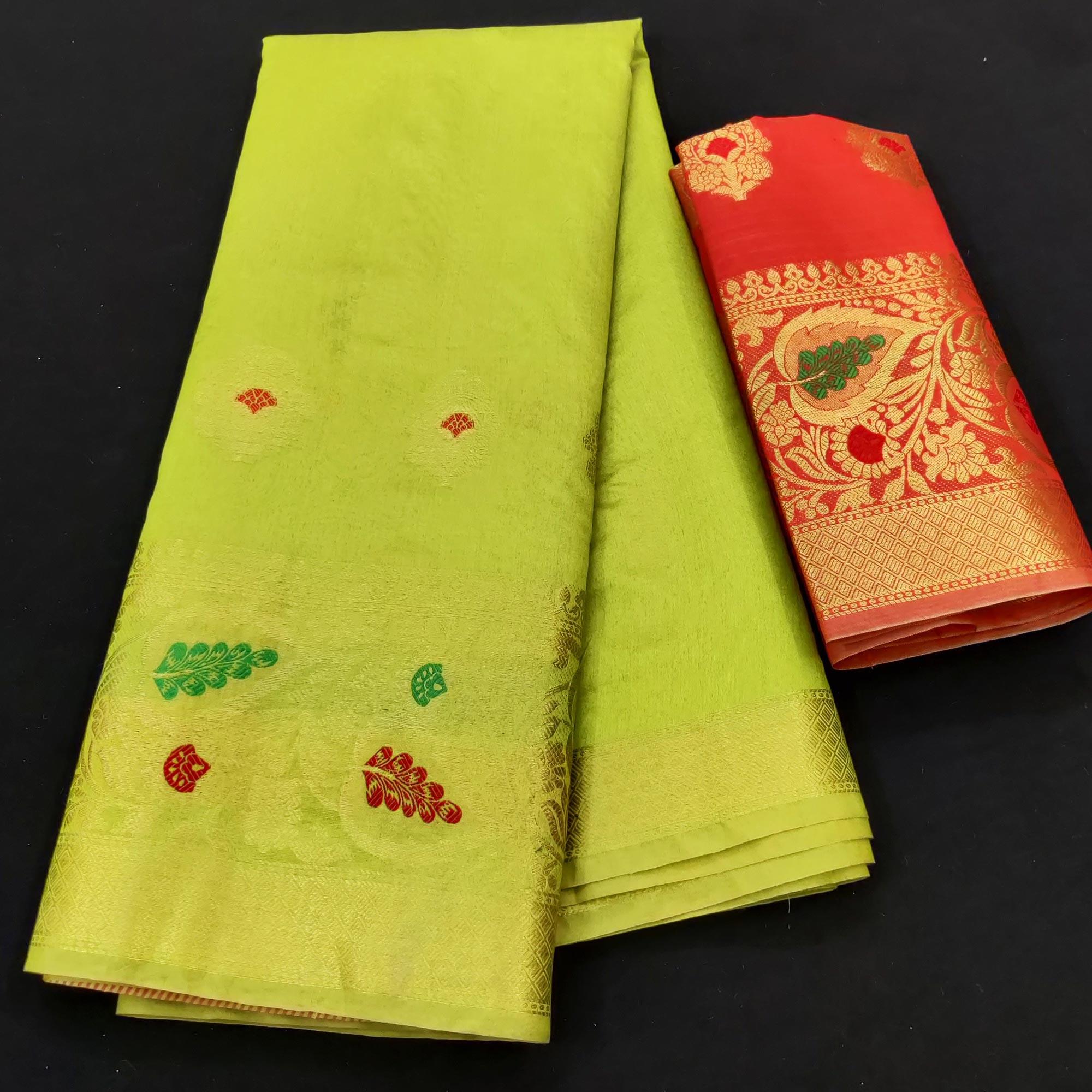 Green Festive Wear Woven Banarasi Saree With Butta And Jacquard Border - Peachmode