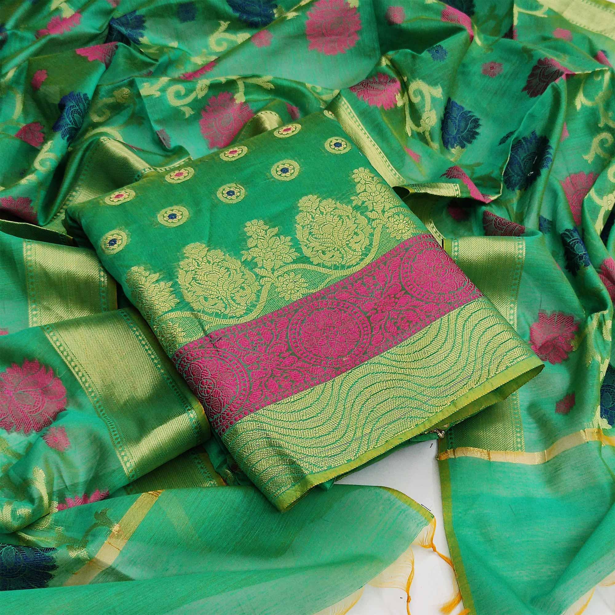 Green Festive Wear Woven Banarasi Silk Dress Material - Peachmode