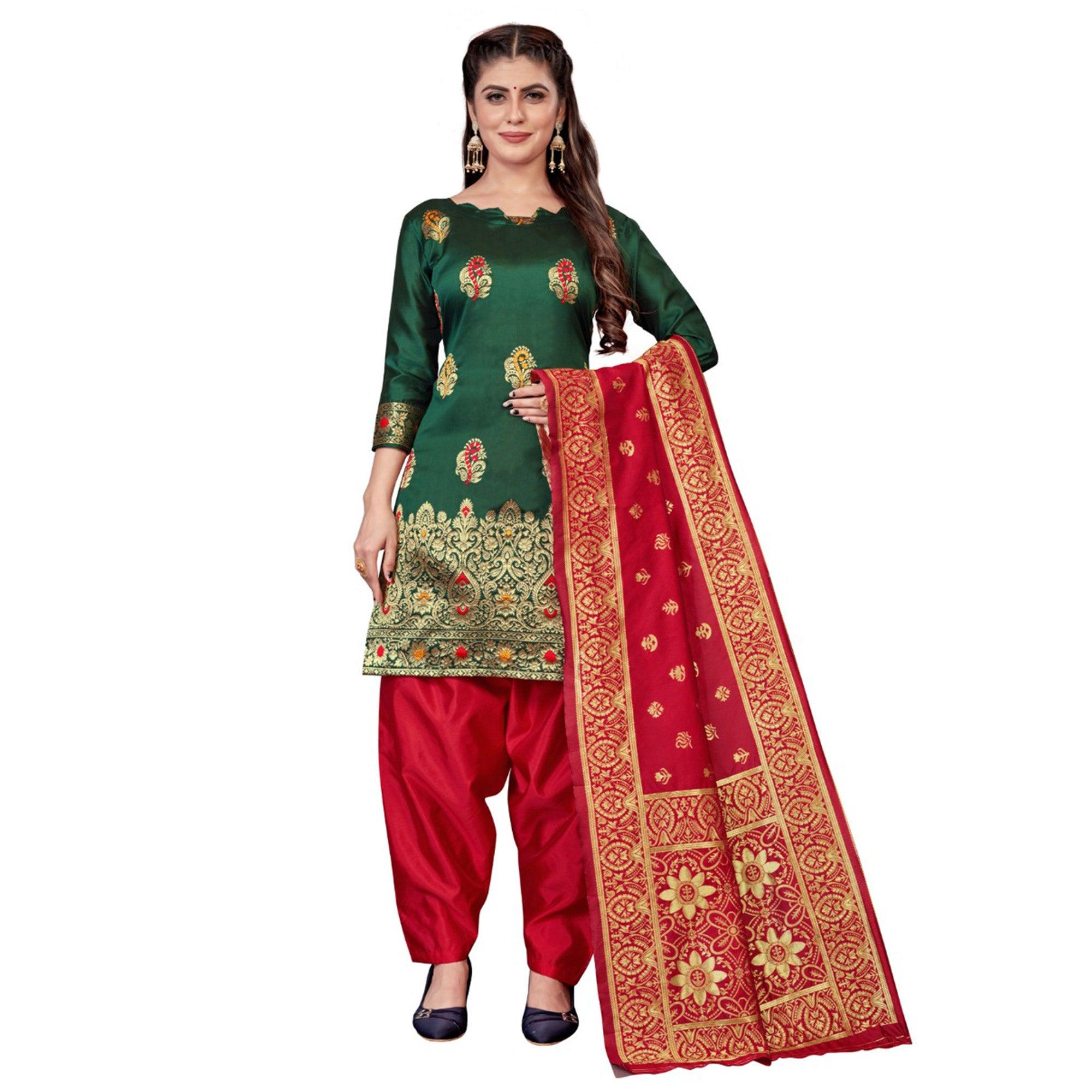 Green Festive Wear Woven Banarasi Silk Dress Material - Peachmode