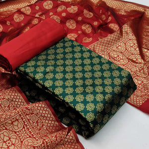 Green Festive Wear Woven Banarasi Silk Dress Material - Peachmode