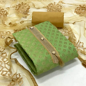Green Festive Wear Woven Banarasi Silk Dress Material - Peachmode