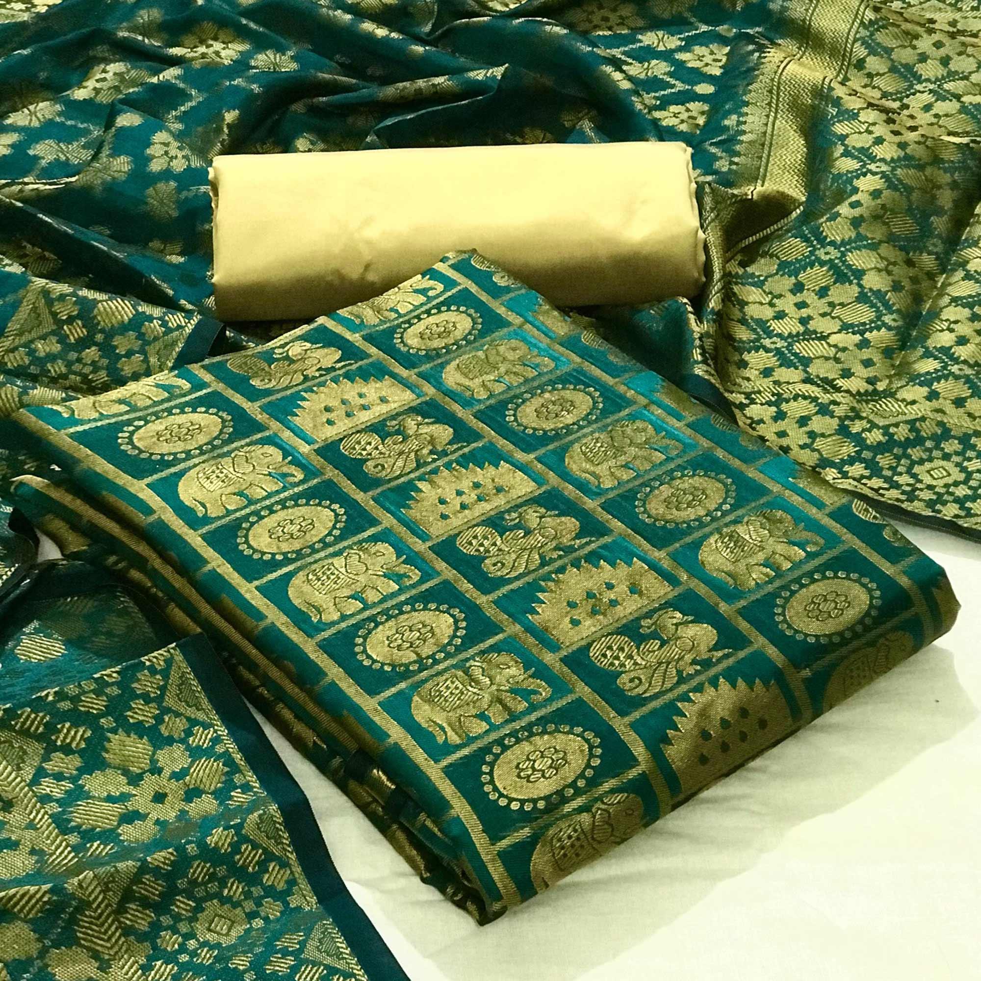Green Festive Wear Woven Banarasi Silk Dress Material - Peachmode