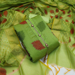 Green Festive Wear Woven Banarasi Silk Dress Material - Peachmode