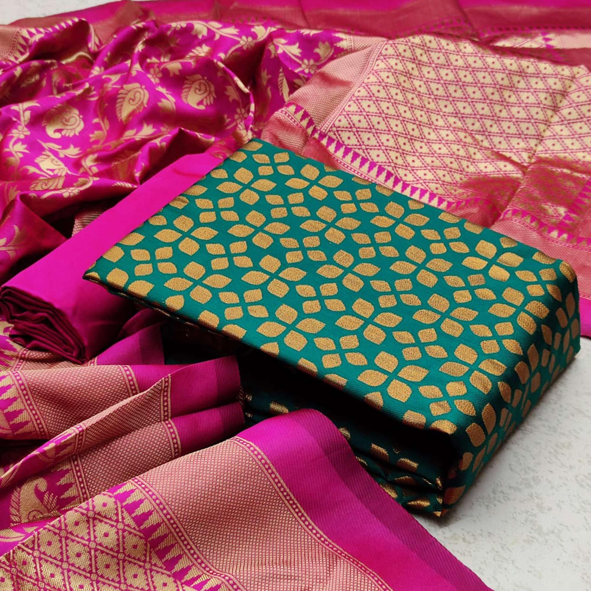 Green Festive Wear Woven Banarasi Silk Dress Material - Peachmode