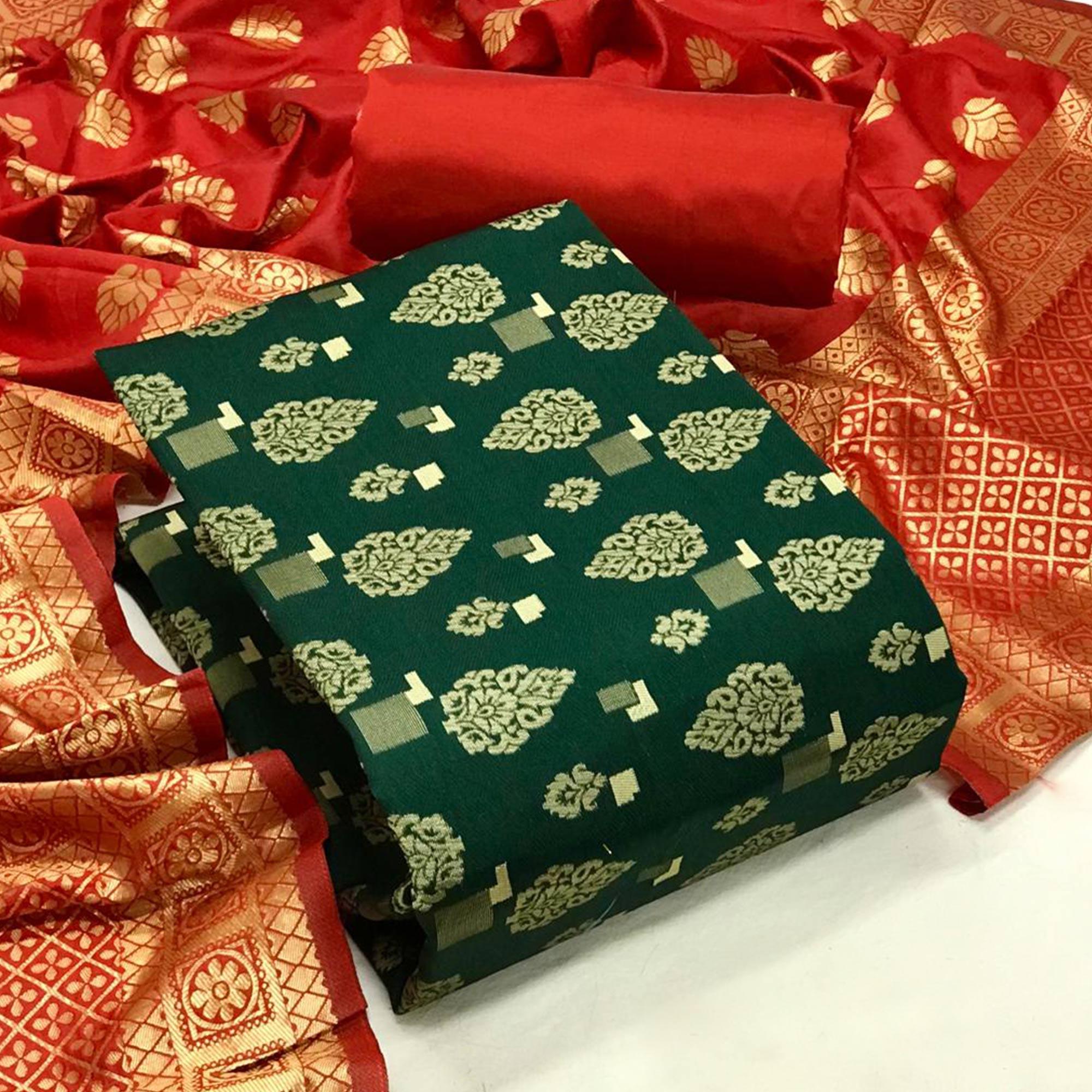 Green Festive Wear Woven Banarasi Silk Dress Material - Peachmode