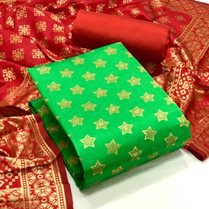 Green Festive Wear Woven Banarasi Silk Dress Material - Peachmode