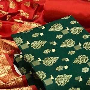 Green Festive Wear Woven Banarasi Silk Dress Material - Peachmode