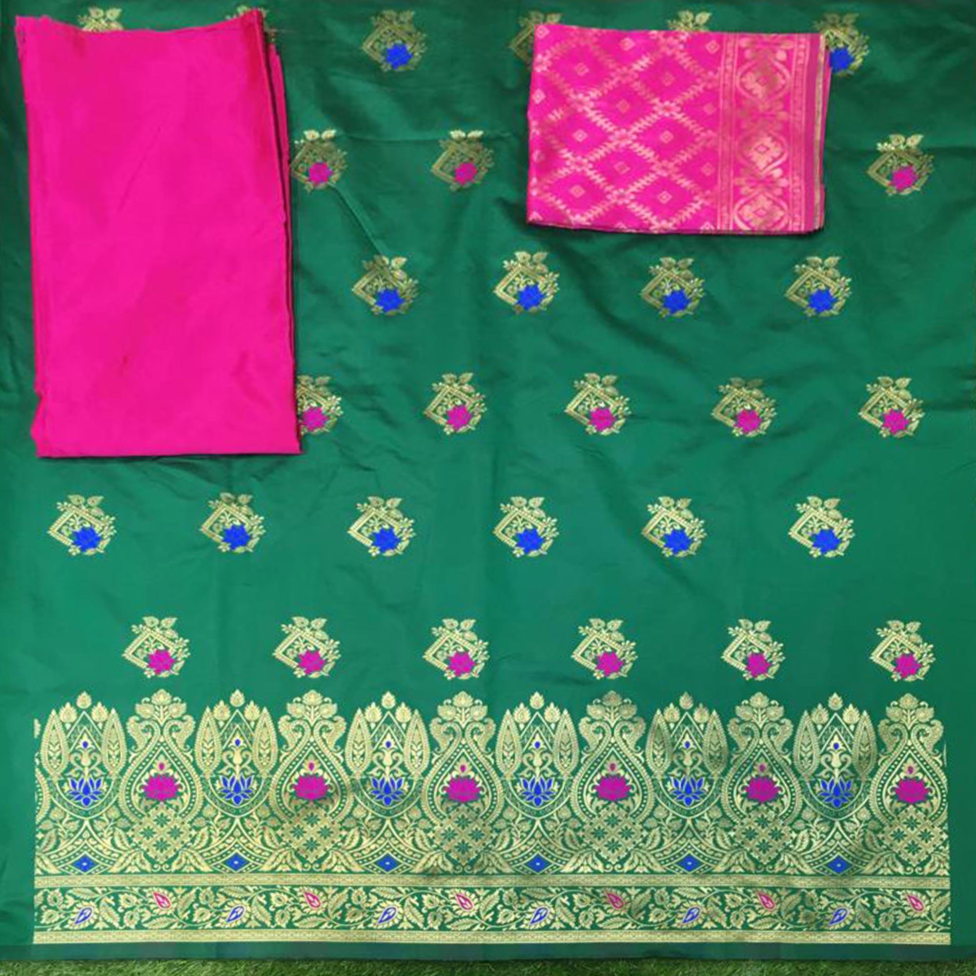 Green Festive Wear Woven Banarasi Silk Dress Material - Peachmode