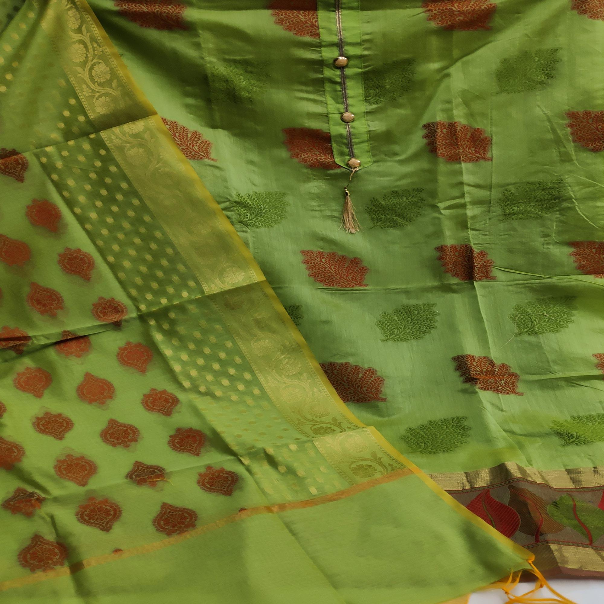 Green Festive Wear Woven Banarasi Silk Dress Material - Peachmode