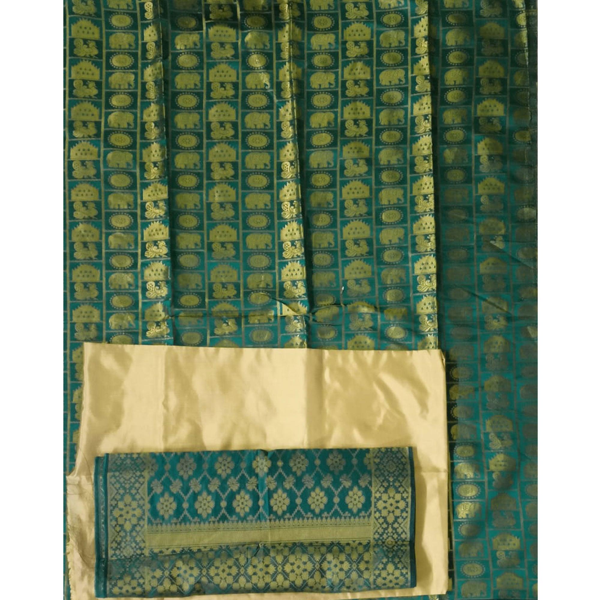 Green Festive Wear Woven Banarasi Silk Dress Material - Peachmode