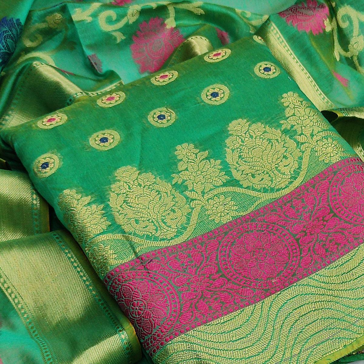 Green Festive Wear Woven Banarasi Silk Dress Material - Peachmode