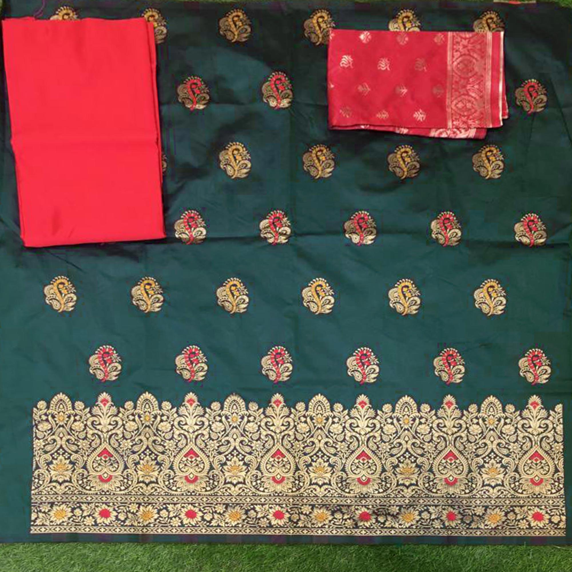 Green Festive Wear Woven Banarasi Silk Dress Material - Peachmode