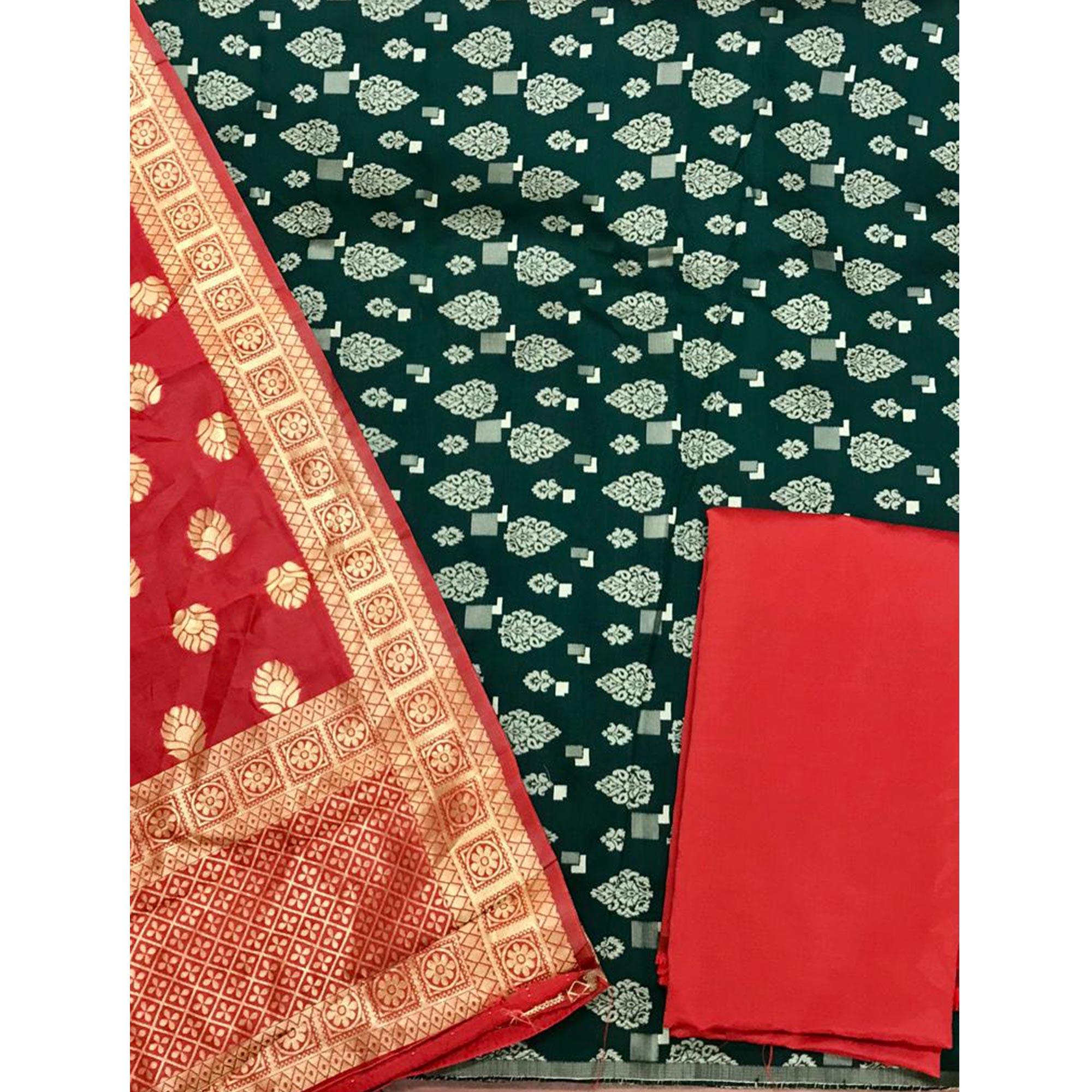 Green Festive Wear Woven Banarasi Silk Dress Material - Peachmode