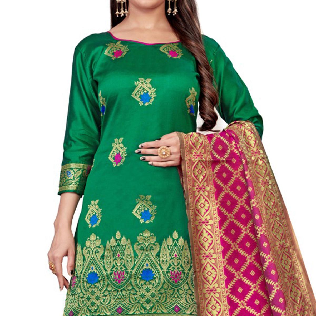 Green Festive Wear Woven Banarasi Silk Dress Material - Peachmode