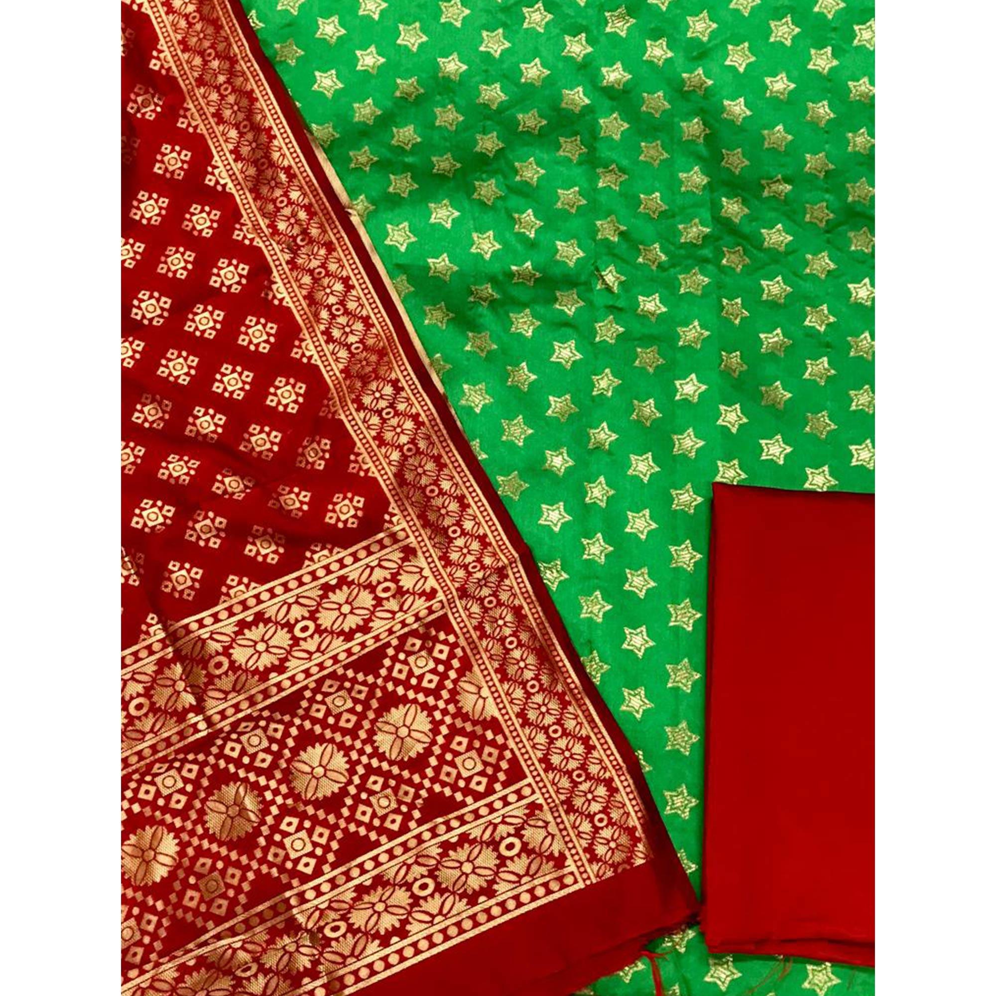 Green Festive Wear Woven Banarasi Silk Dress Material - Peachmode