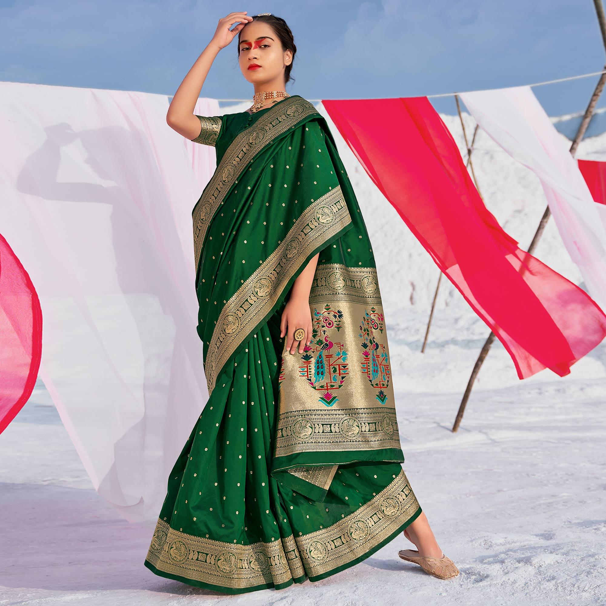 Green Festive Wear Woven Banarasi Silk Paithani Saree - Peachmode
