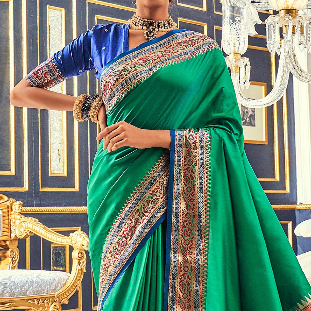 Green Festive Wear Woven Banarasi Silk Paithani Saree - Peachmode