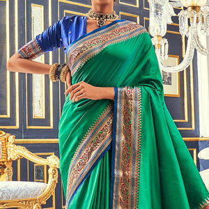 Green Festive Wear Woven Banarasi Silk Paithani Saree - Peachmode