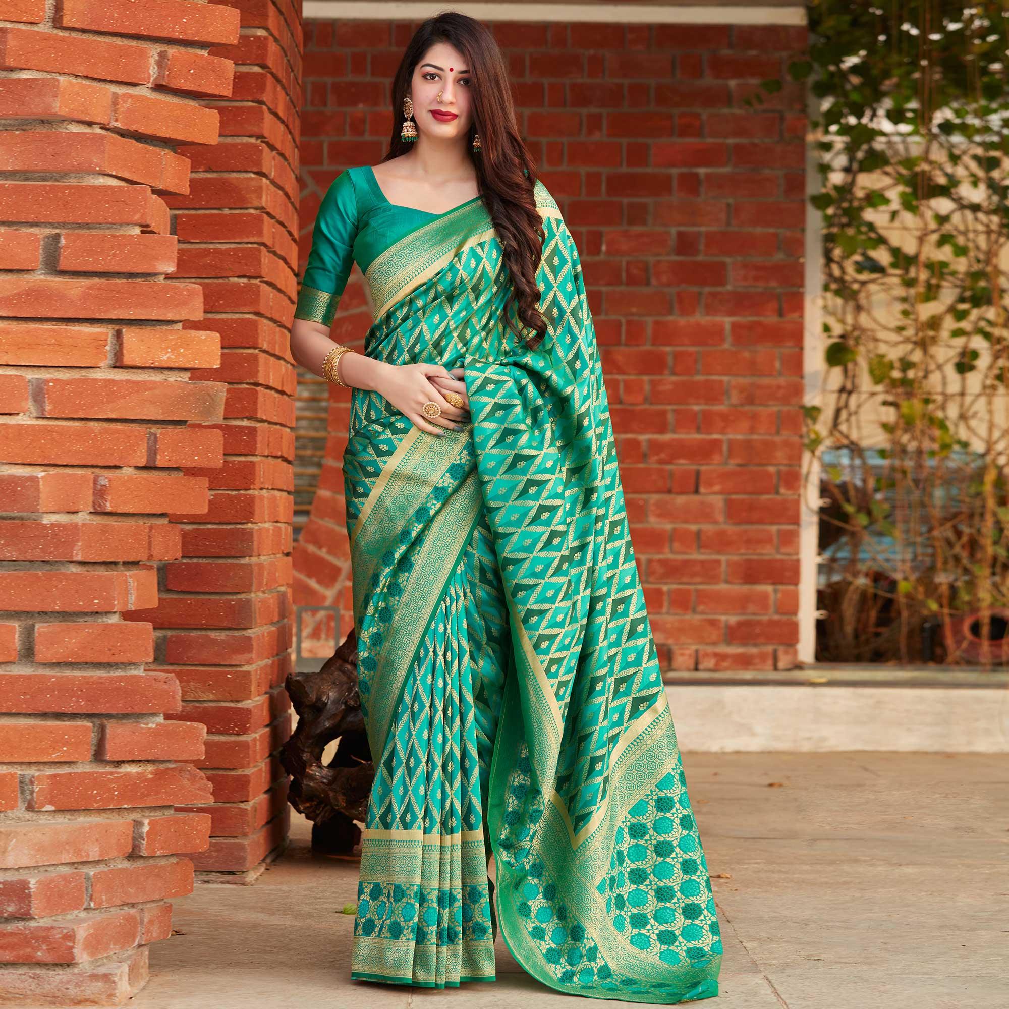 Green Festive Wear Woven Banarasi Silk Saree - Peachmode