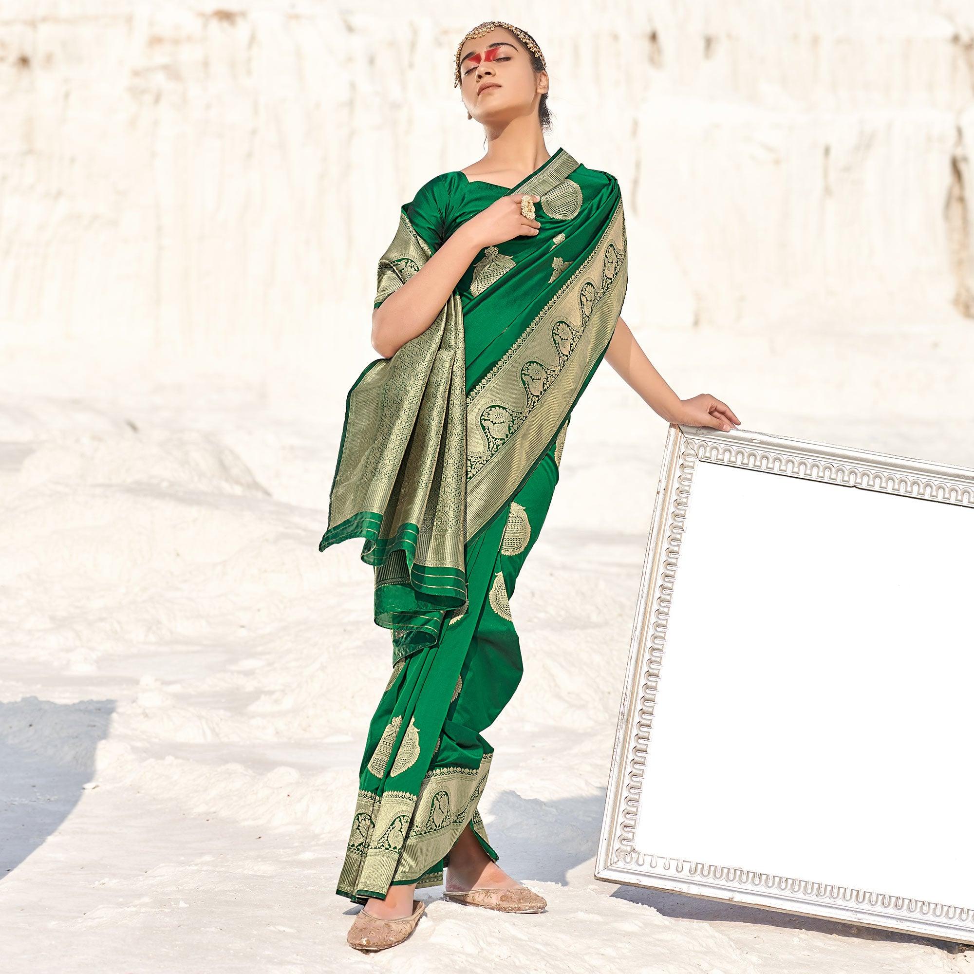 Green Festive Wear Woven Banarasi Silk Saree - Peachmode