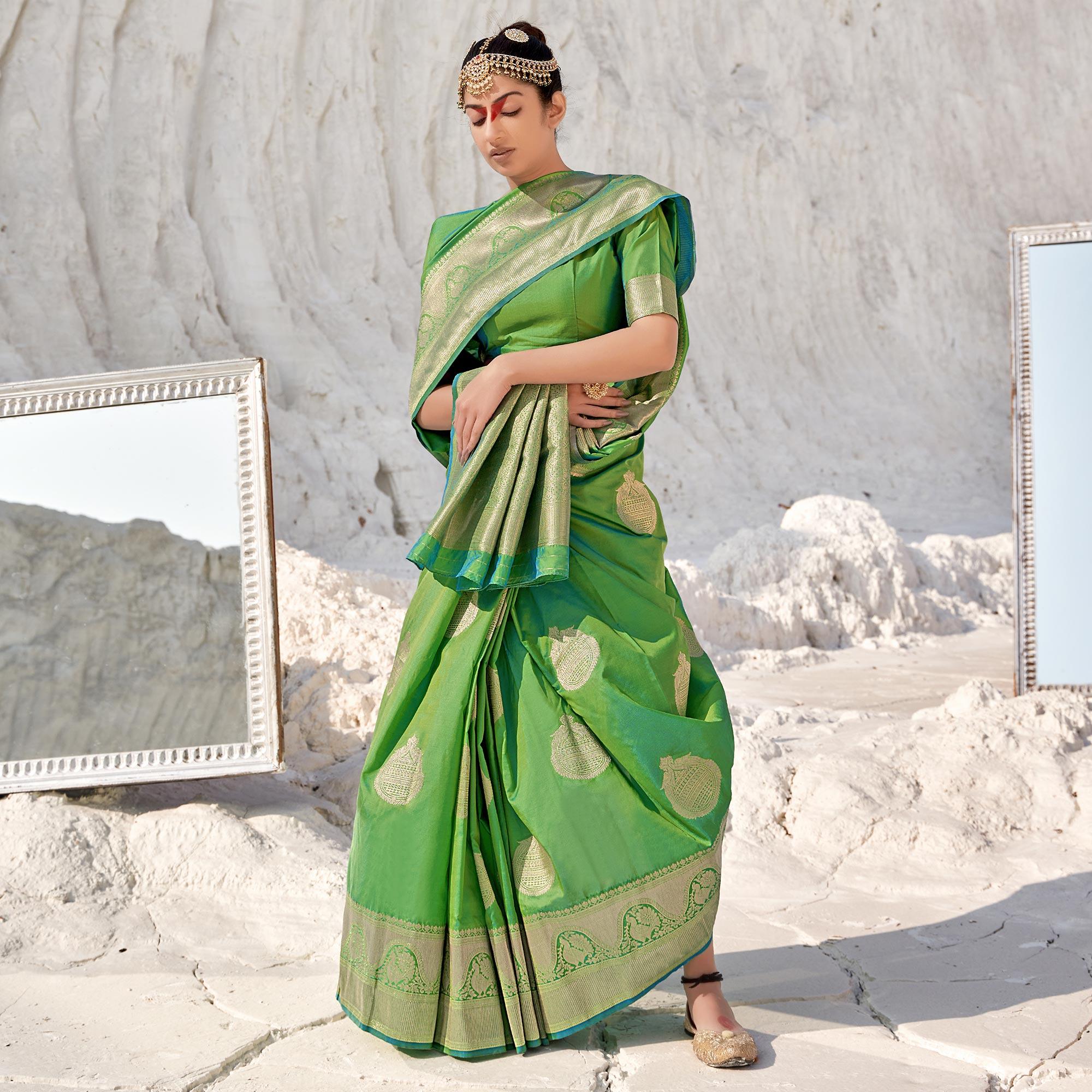 Green Festive Wear Woven Banarasi Silk Saree - Peachmode