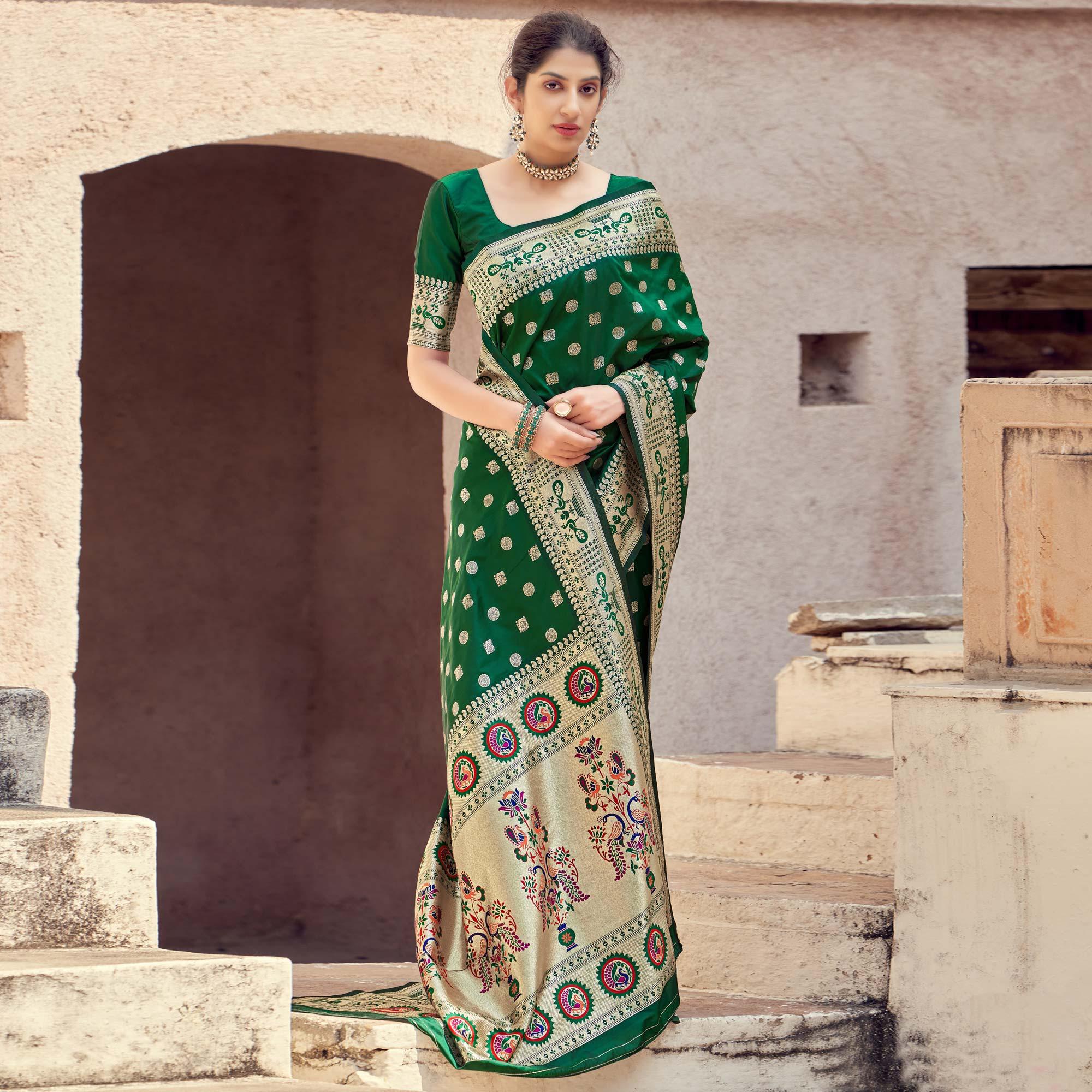 Green Festive Wear Woven Banarasi Silk Saree - Peachmode
