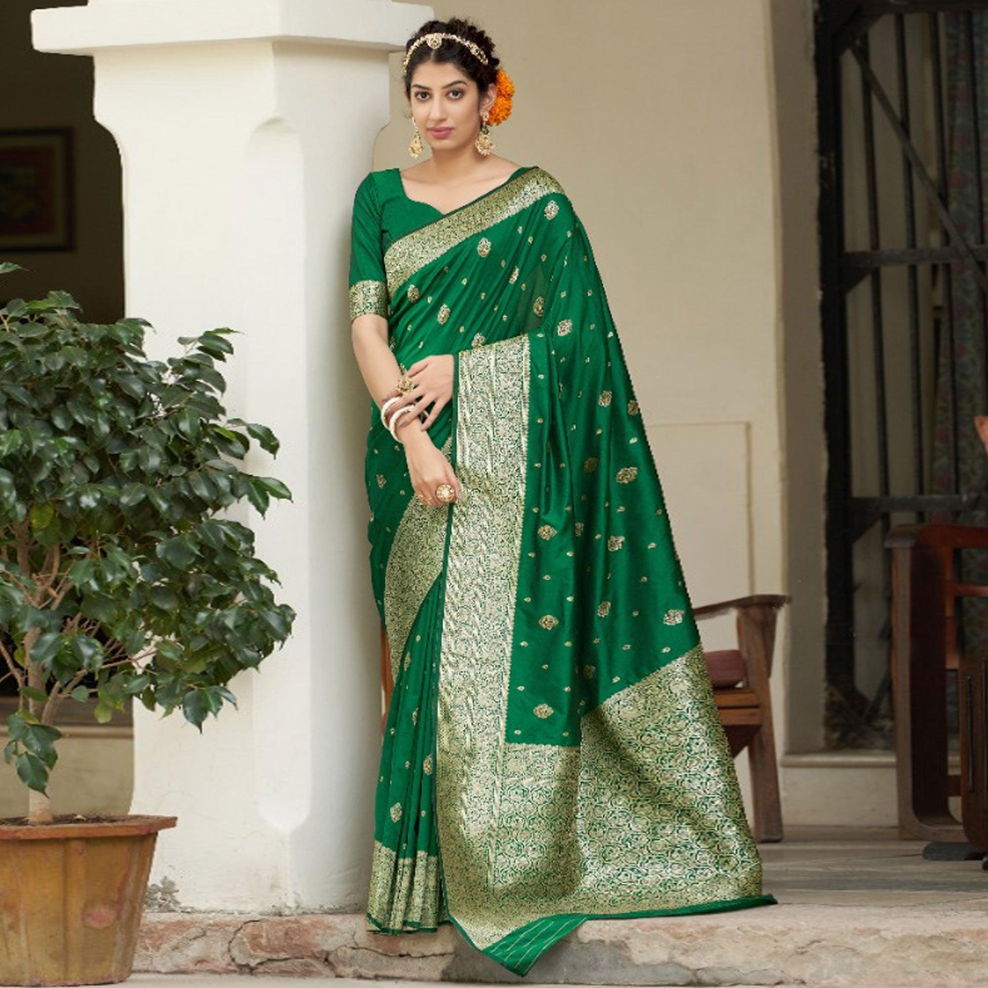 Green Festive Wear Woven Banarasi Silk Saree - Peachmode