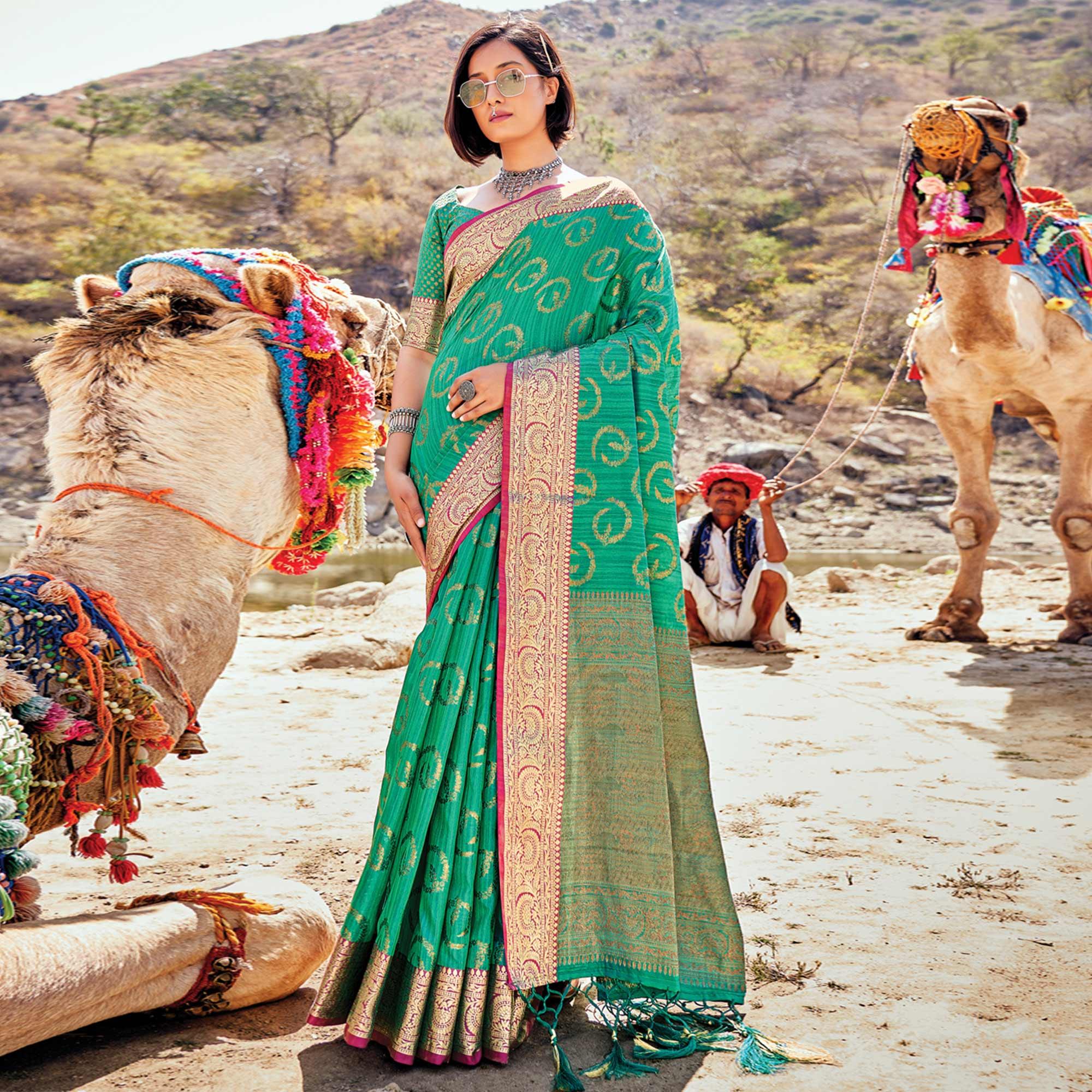 Green Festive Wear Woven Banarasi Silk Saree - Peachmode