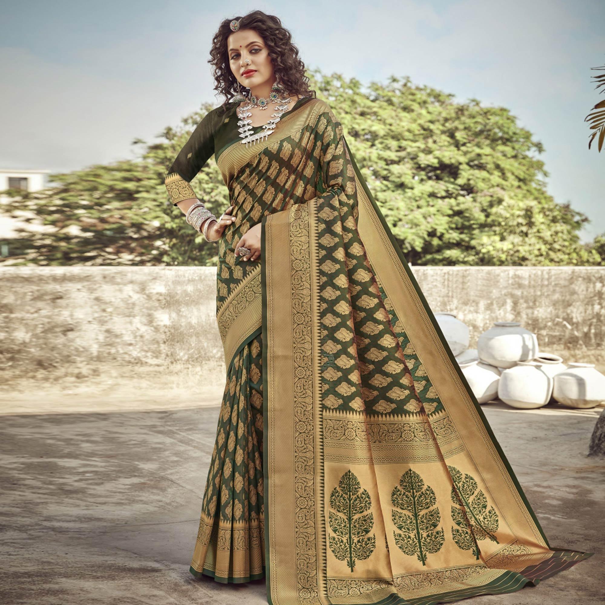 Green Festive Wear Woven Banarasi Silk Saree - Peachmode