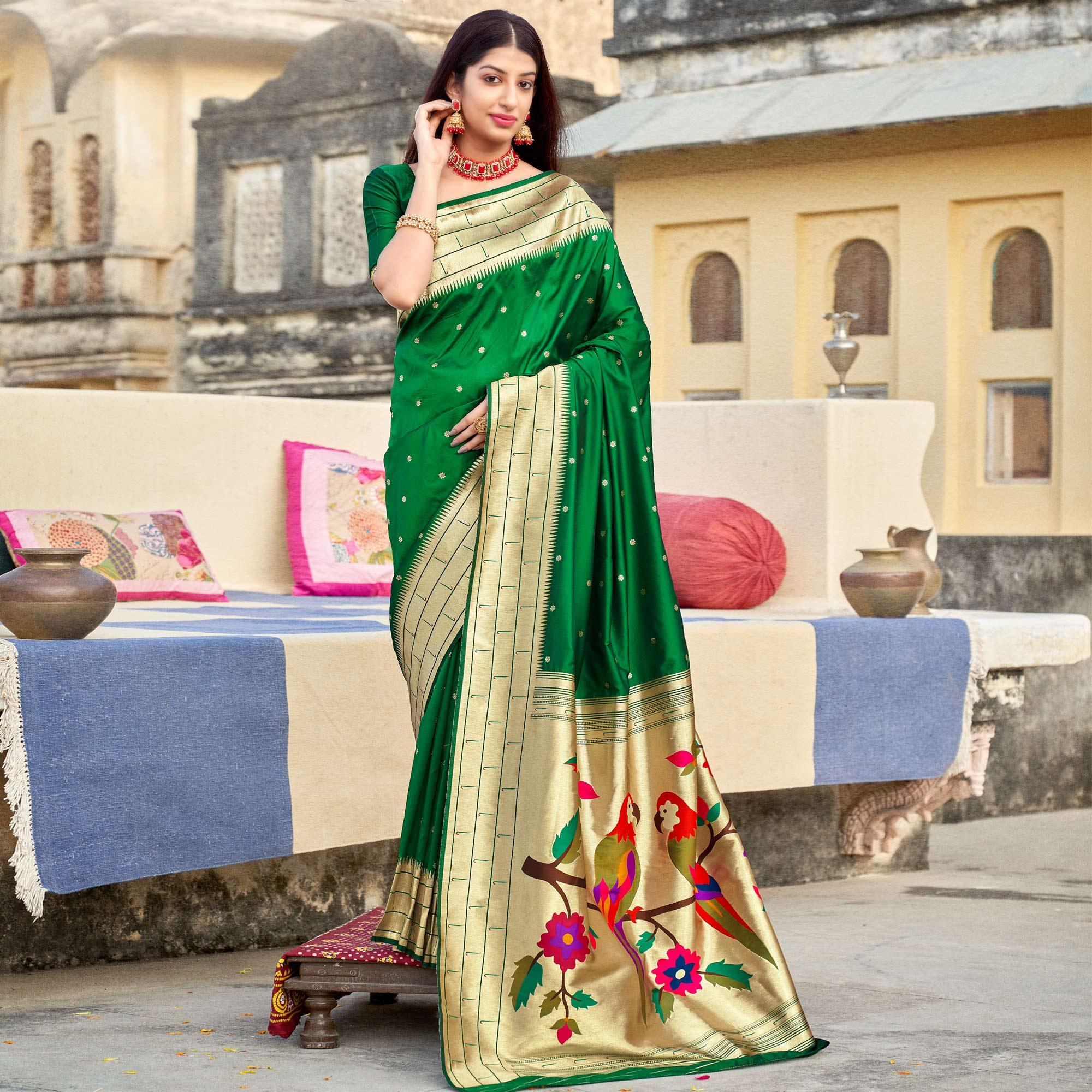 Green Festive Wear Woven Banarasi Silk Saree - Peachmode