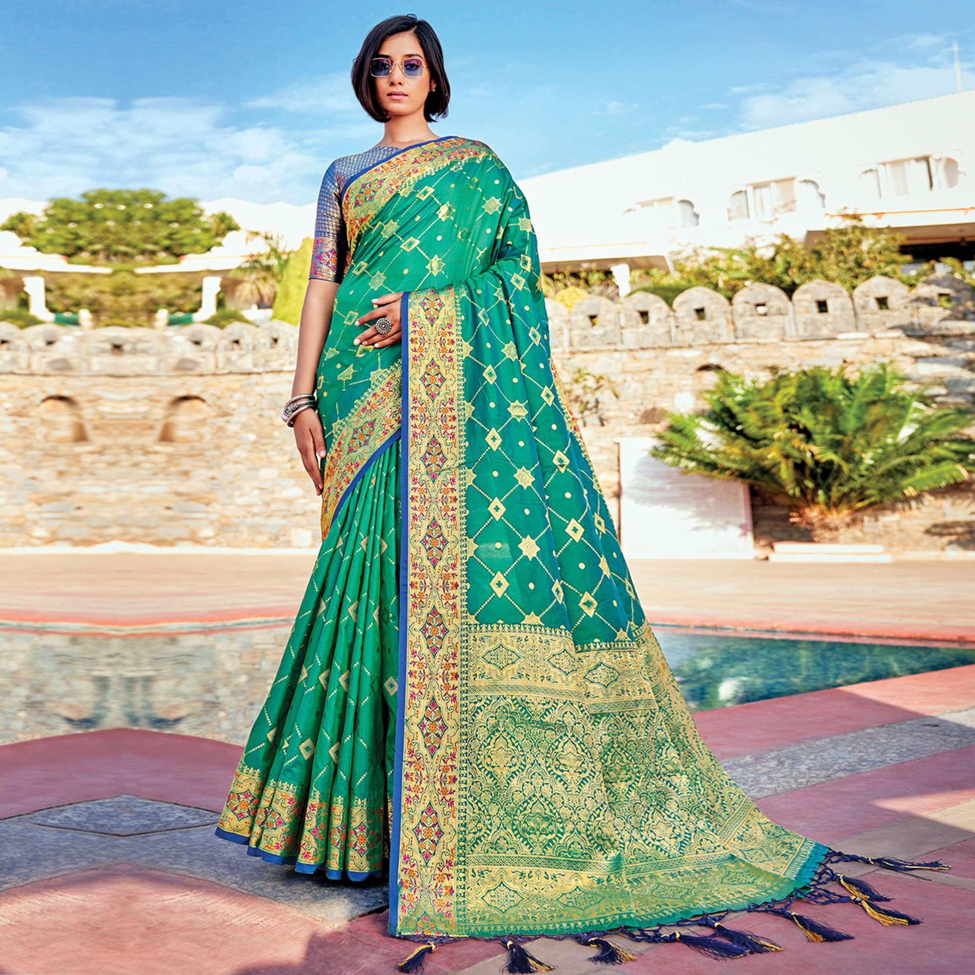 Green Festive Wear Woven Banarasi Silk Saree - Peachmode