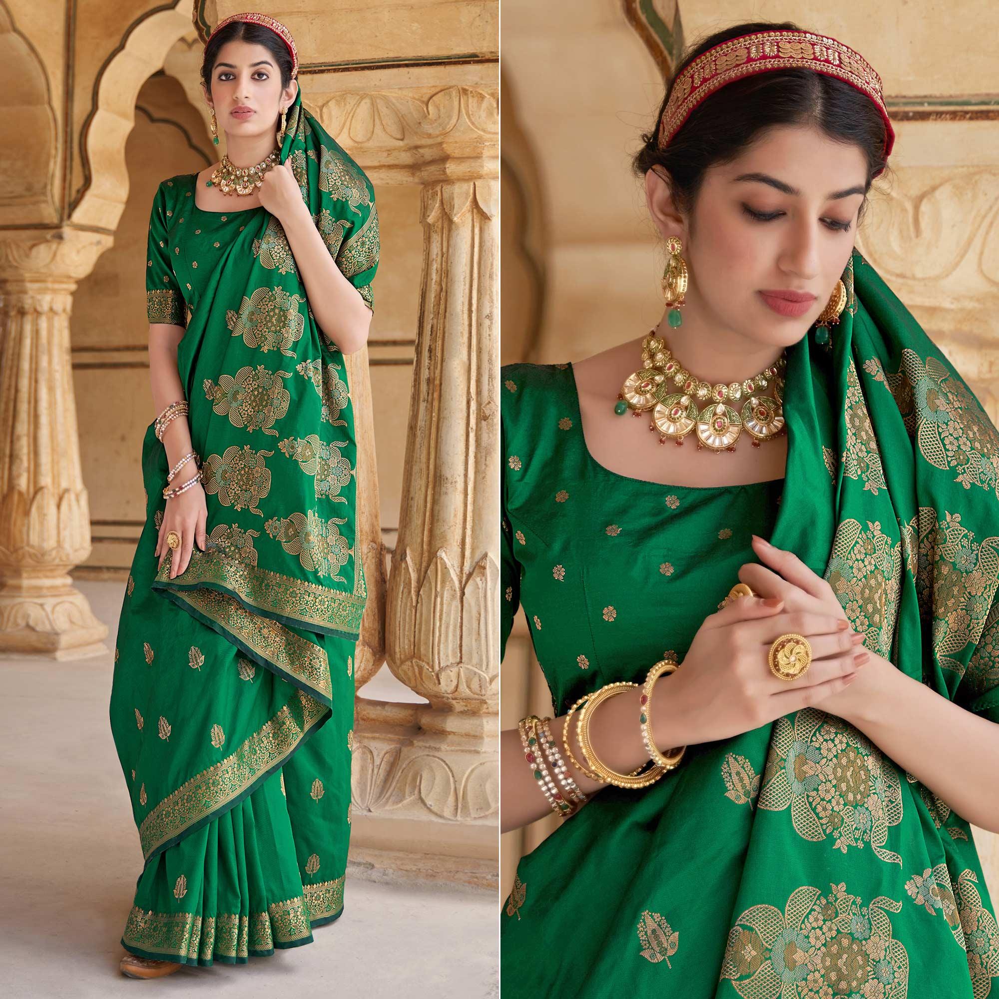 Green Festive Wear Woven Banarasi Silk Saree - Peachmode