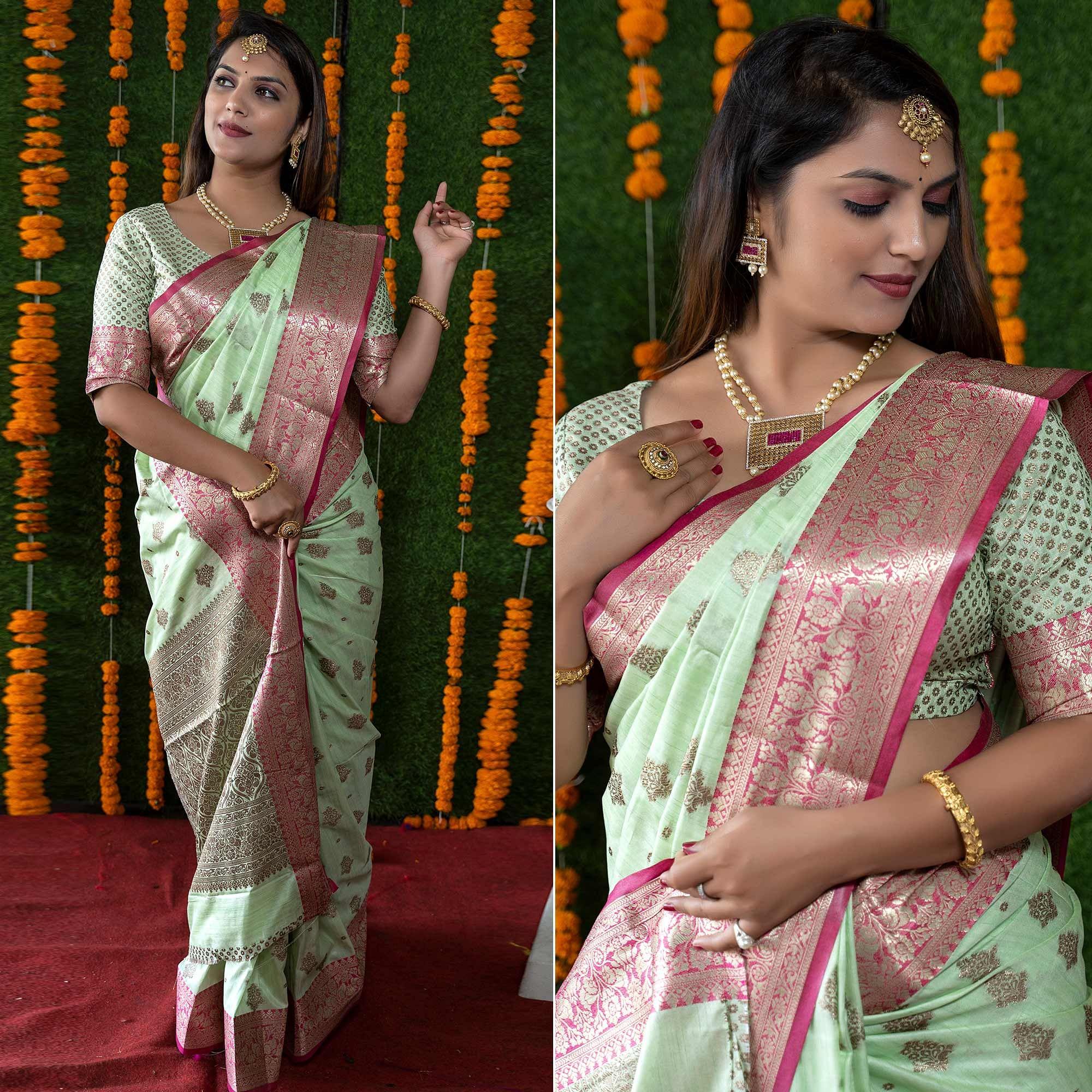 Green Festive Wear Woven Banarasi Silk Saree - Peachmode