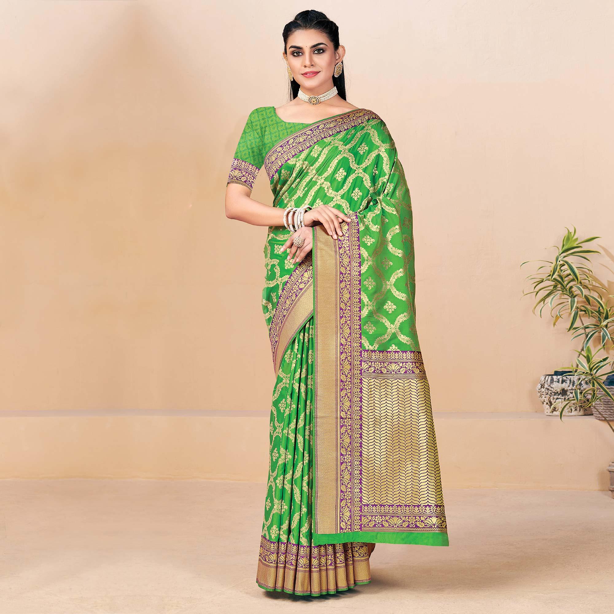 Green Festive Wear Woven Banarasi Silk Saree - Peachmode