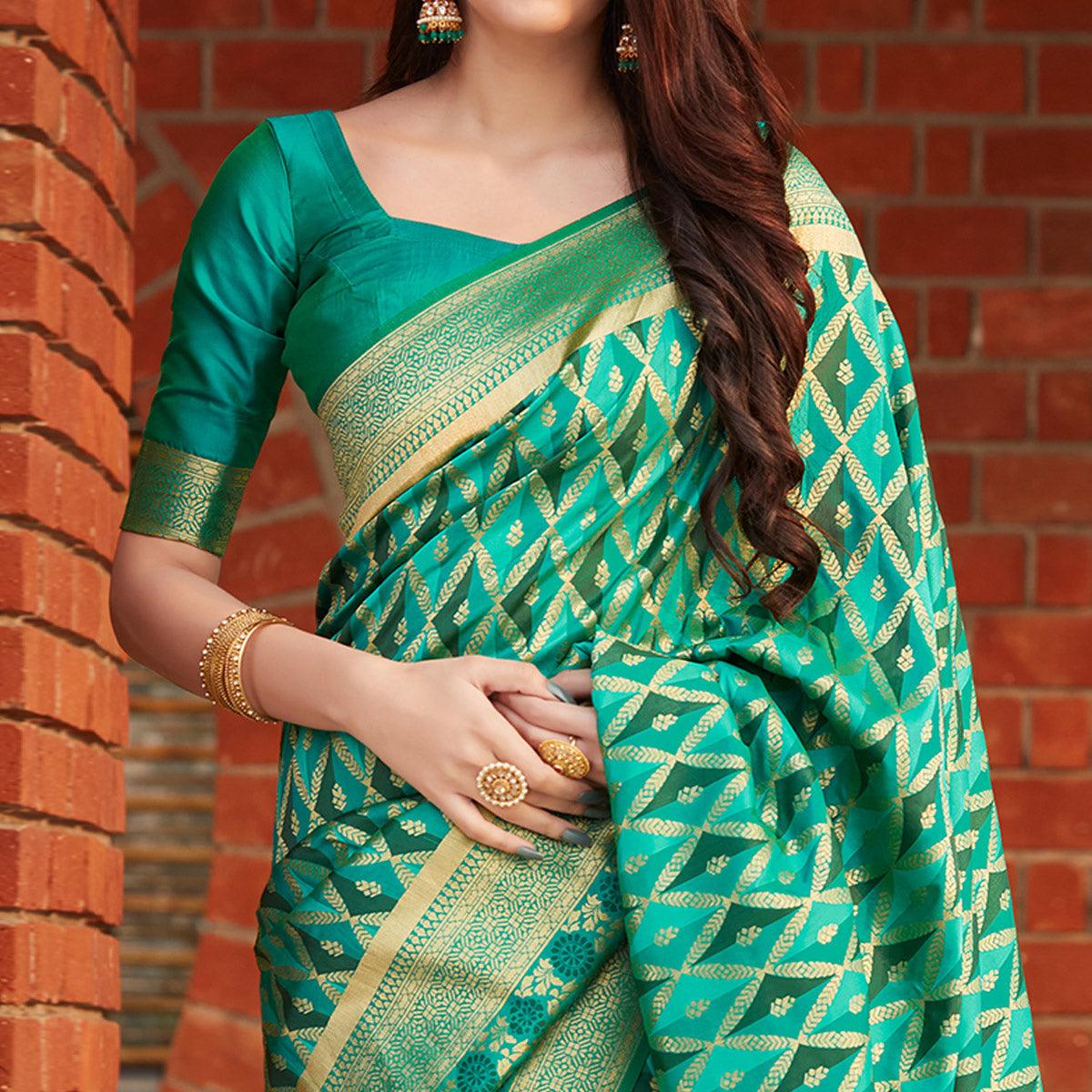 Green Festive Wear Woven Banarasi Silk Saree - Peachmode