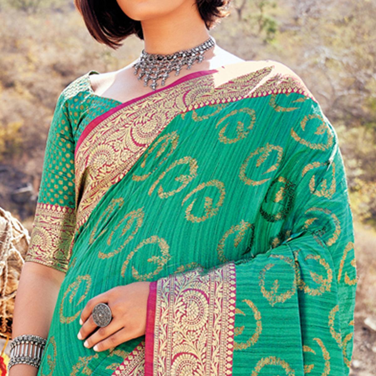Green Festive Wear Woven Banarasi Silk Saree - Peachmode