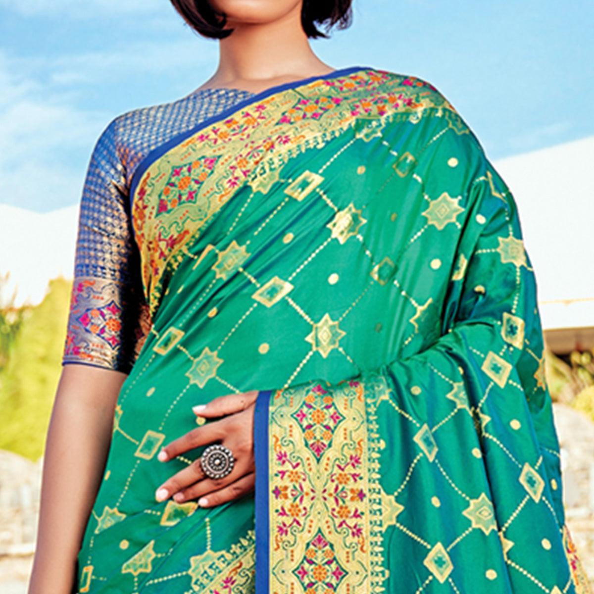 Green Festive Wear Woven Banarasi Silk Saree - Peachmode