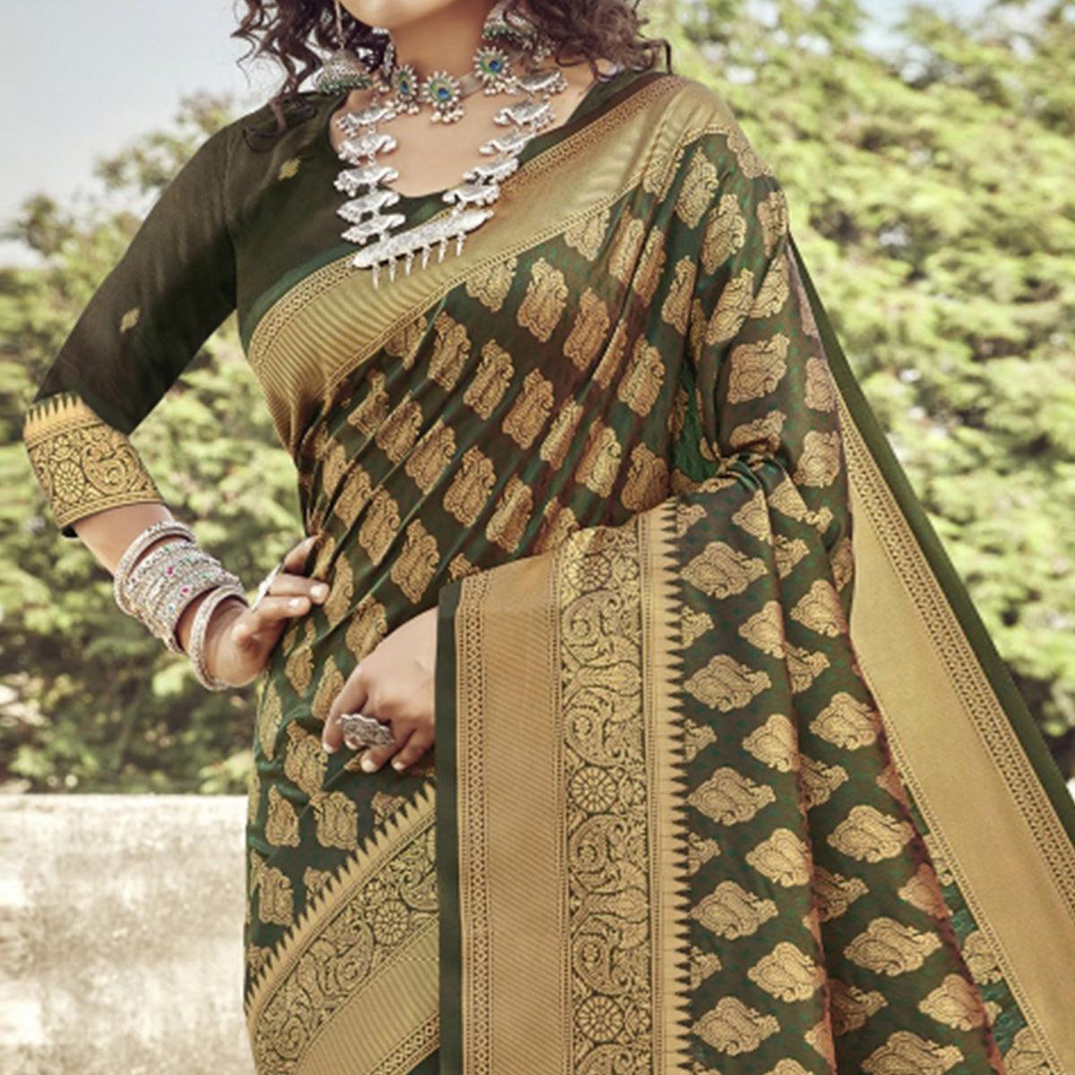 Green Festive Wear Woven Banarasi Silk Saree - Peachmode