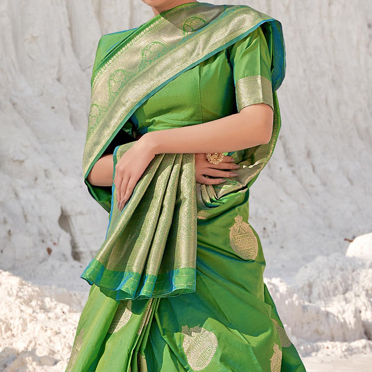Green Festive Wear Woven Banarasi Silk Saree - Peachmode