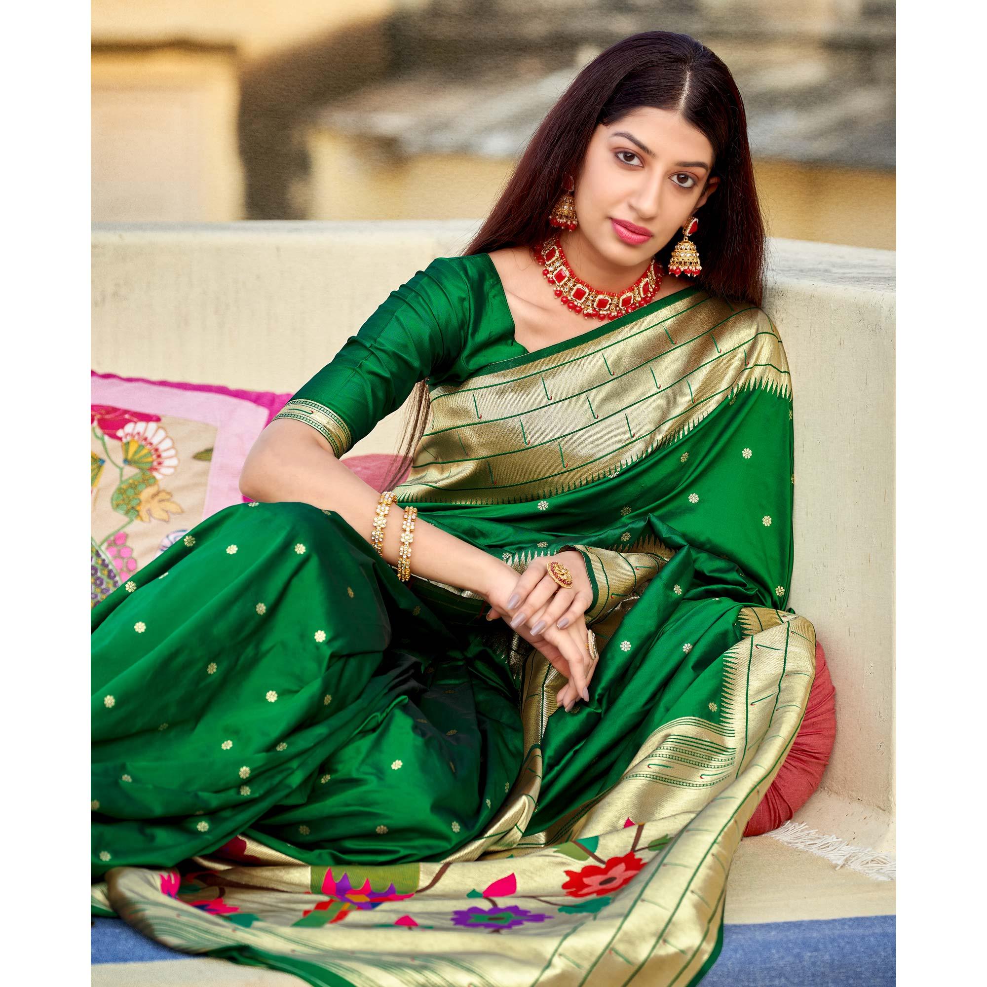 Green Festive Wear Woven Banarasi Silk Saree - Peachmode