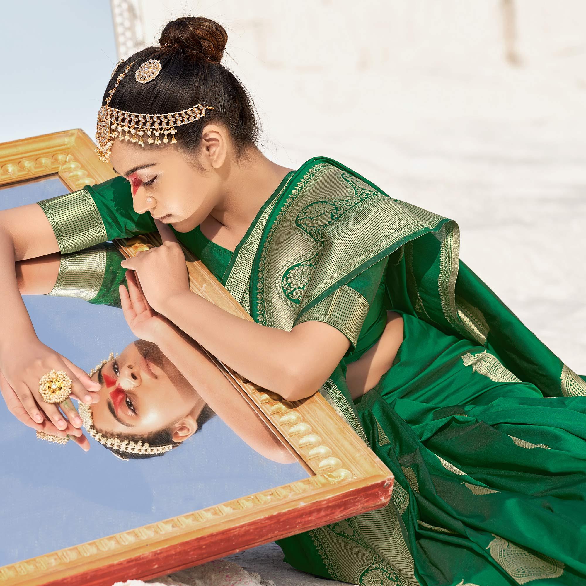 Green Festive Wear Woven Banarasi Silk Saree - Peachmode