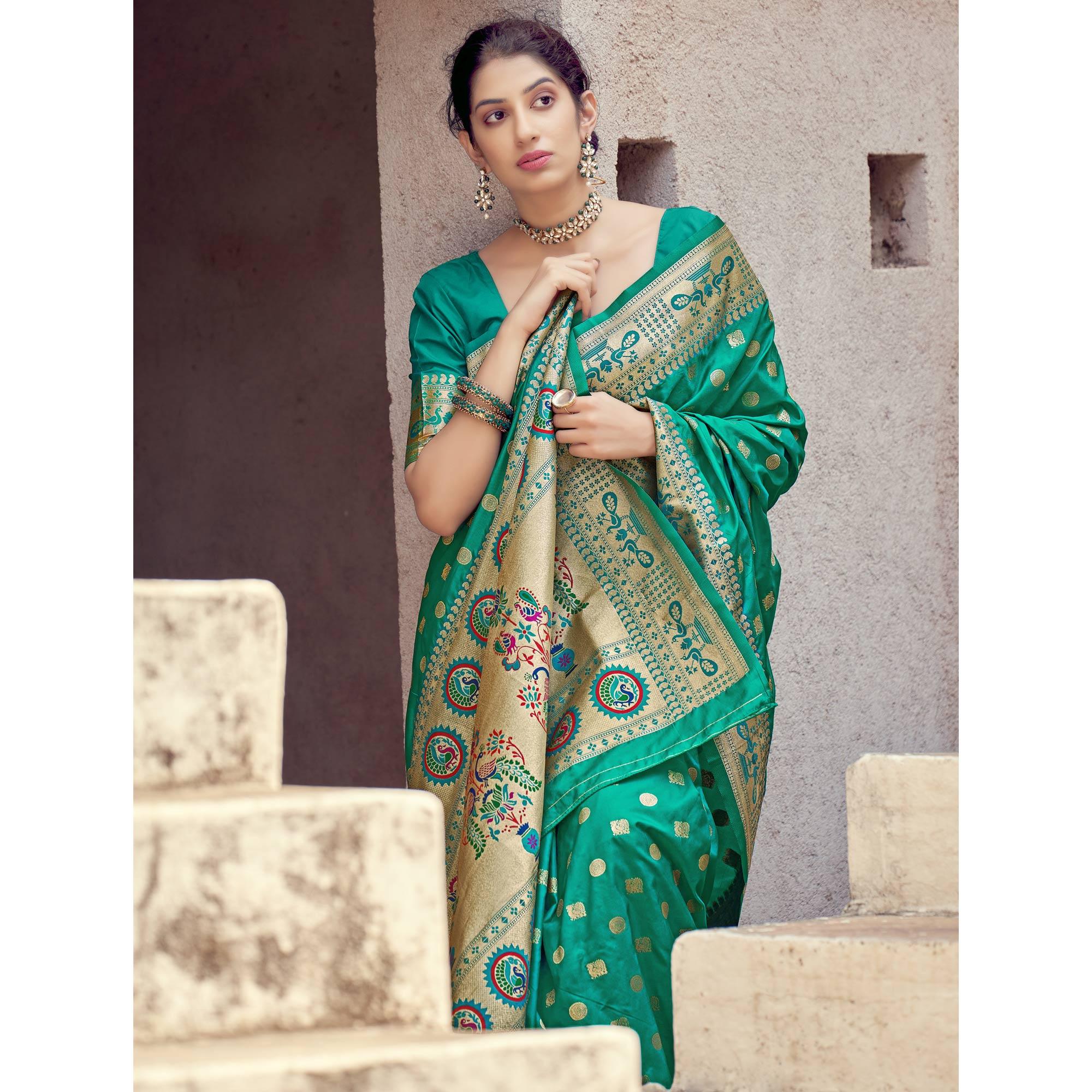 Green Festive Wear Woven Banarasi Silk Saree - Peachmode