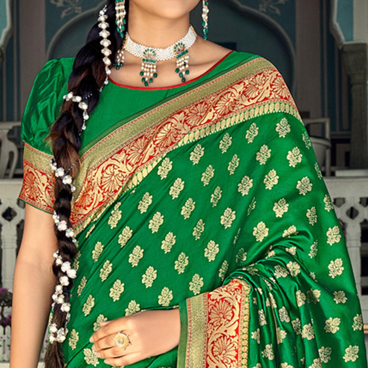 Green Festive Wear Woven Banarasi Silk Saree - Peachmode