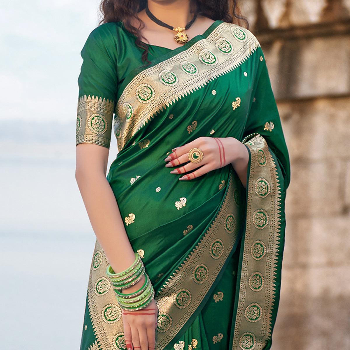 Green Festive Wear Woven Banarasi Silk Saree - Peachmode